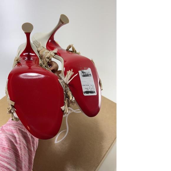 Meroine 85mm raffia Tan Woven fringe heels mules D983 - Picture 10 of 11